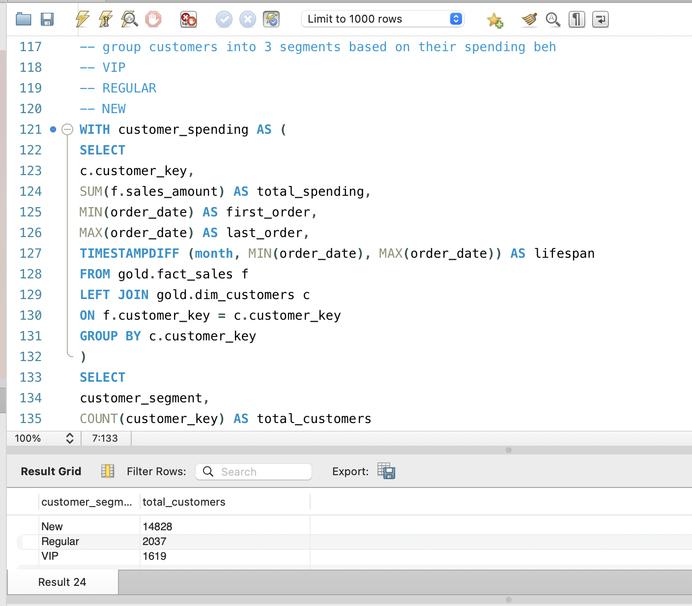 Segment-level chart showing VIP, Regular, and New customers and their revenue