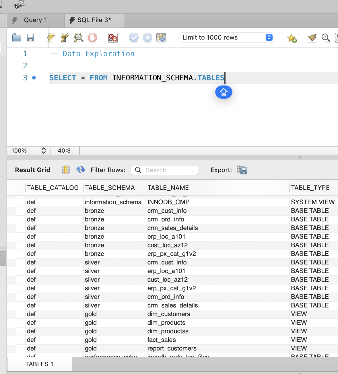 Listing all tables in the warehouse
