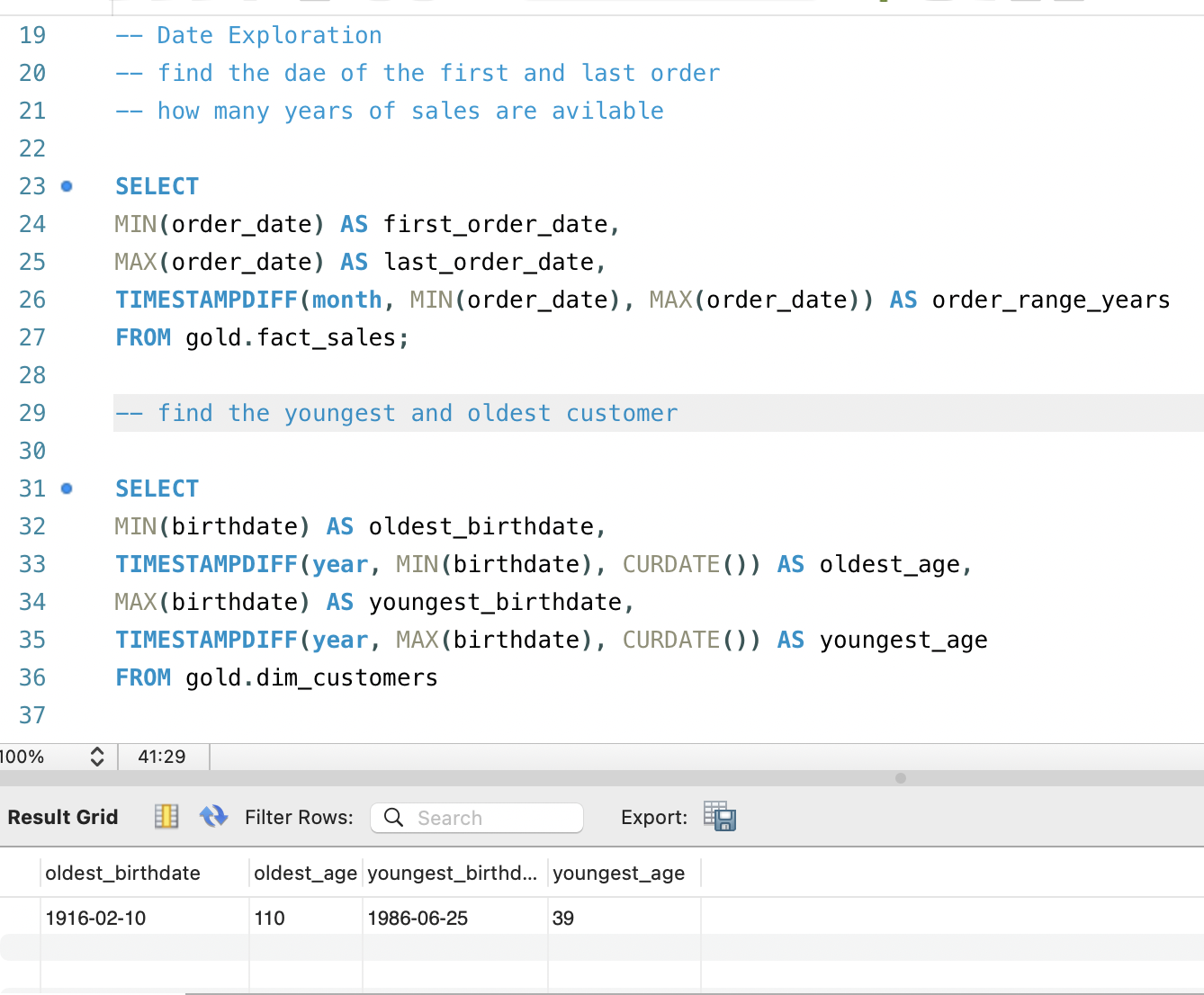 First/last order dates and age range of customers