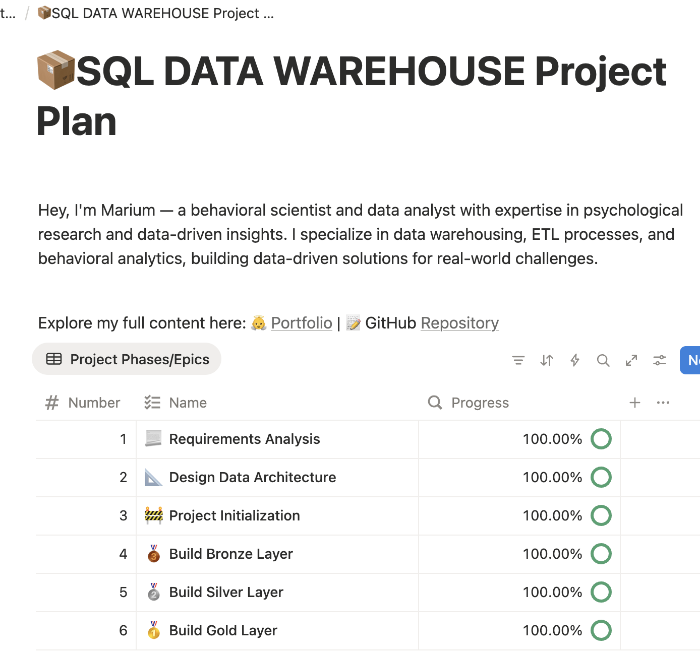 Notion project planning for SQL data warehouse